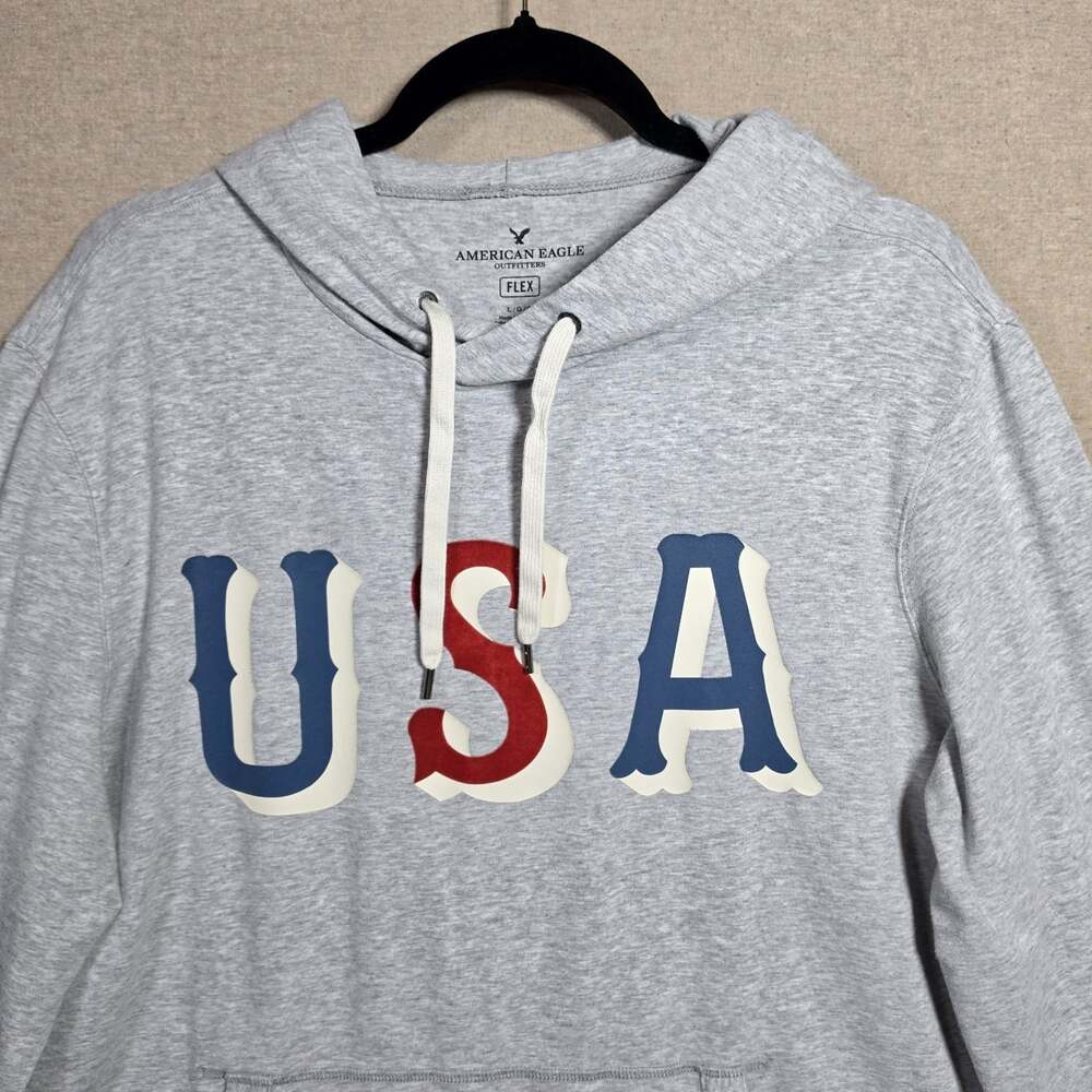American Eagle Hoodie Mens XL Gray USA Graphic Flex Pullover Light Sweatshirt